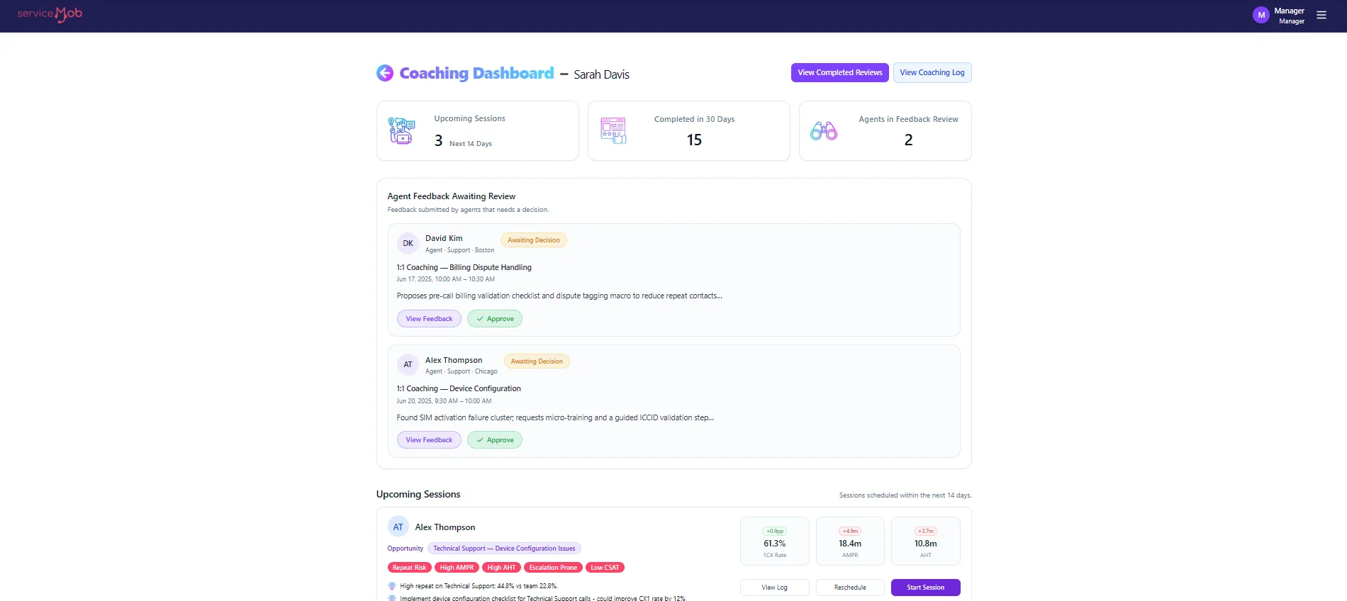 Manager coaching dashboard: upcoming and completed sessions, agent-submitted feedback awaiting approval and per-agent opportunity cards with risk tags